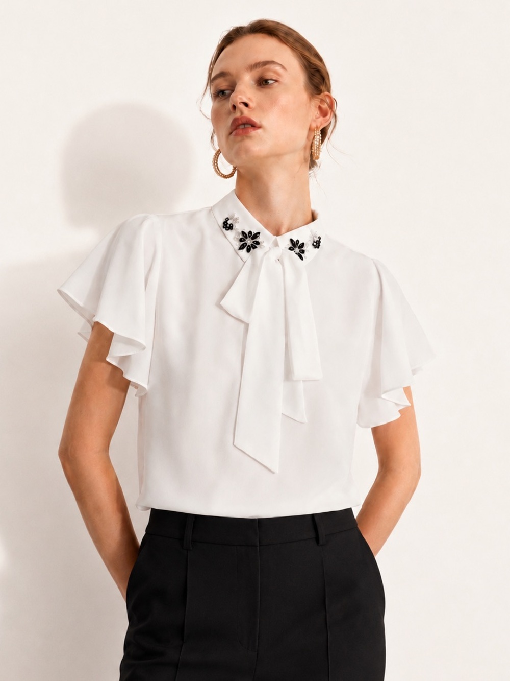 SHEIN White Tie-Neck Flutter Sleeve Blouse with Black Embellished Collar